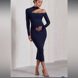 Club L London Blue Asymmetrical Long Sleeve Bodycon Dress